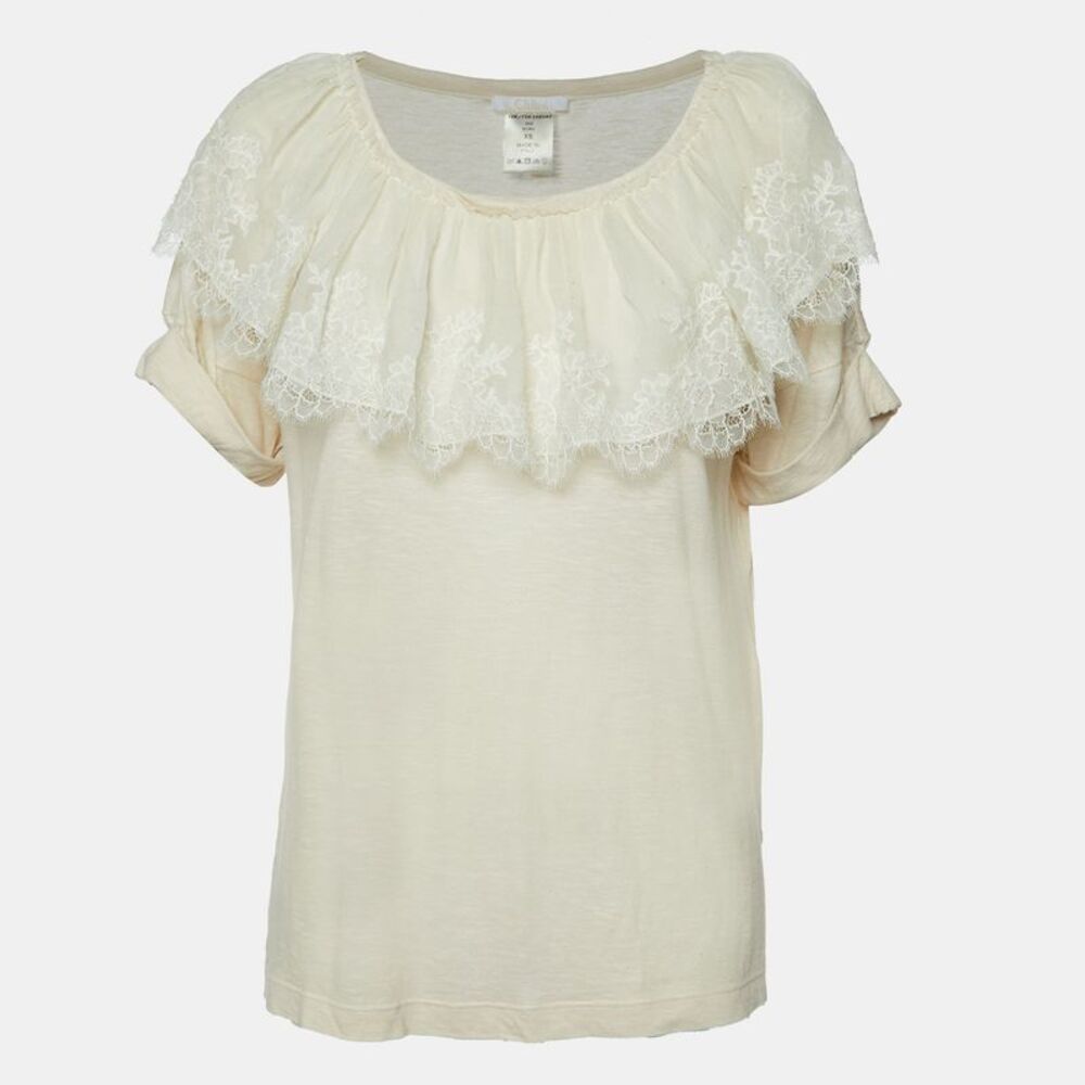 Chloe Ecru Cream Knit Lace Trimmed Top Xs